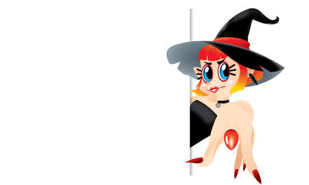 A cute witch pointing at you, with a blank space. Isolated.のイラスト素材