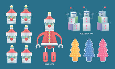 Isolated robot Santa with different emotions, and also robot snow man and different colors mechanical Christmas tree.のイラスト素材