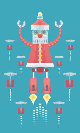 Flying robot santa with a group of mechanical presents.のイラスト素材