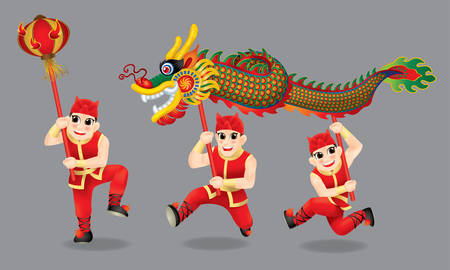 Men performing traditional Chinese dragon dance. With different posts and colors.のイラスト素材