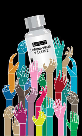 A Covid-19 corona virus vaccine and a lots of hands below it. Symbolize everyone on earth is desire to get it.のイラスト素材