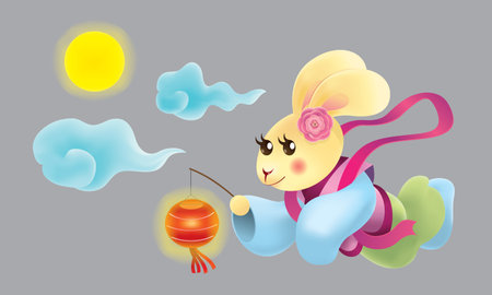 An isolated flying rabbit goddess. With a full moon and clouds.のイラスト素材