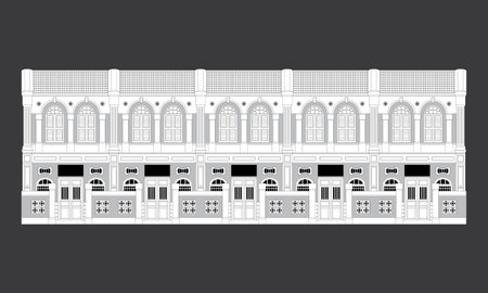 Five monotone linked heritage shop houses, with front gate. Vector, isolated with plain color background.のイラスト素材