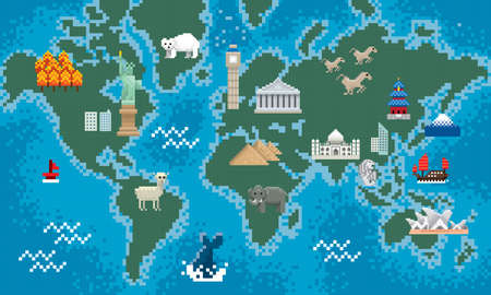 A world map with various landmarks. Vector. Image show in mosaic effect.のイラスト素材