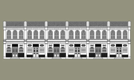 A row of  old shop houses. In monotone line art style.のイラスト素材