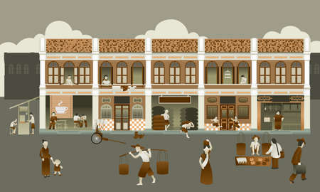 Shop house and people in the old times.  In vintage color mode.のイラスト素材