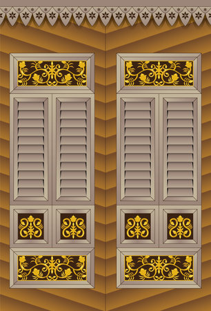 A traditional Malay style wooden window frame. Decorated with traditional plants motifs.のイラスト素材