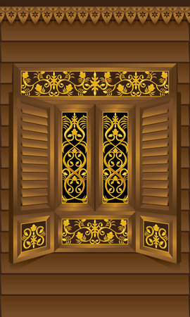 A traditional Malay style wooden window frame. Decorated with traditional plants motifs.のイラスト素材