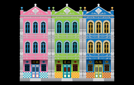 Historical three story shop houses. Linked. Chinese words means: the places where the owner's origin.のイラスト素材