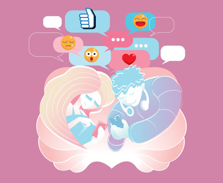 A love couple chatting with handphones. Vector, simple graphic style with pastel color mode.のイラスト素材