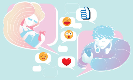 A love couple chatting with handphones. Vector, simple graphic style with pastel color mode.のイラスト素材