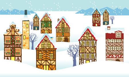 Cute medieval German style buildings. Vector, with winter feel background.のイラスト素材