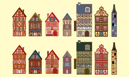 Cute medieval German style buildings. Vector, with plain colour background.のイラスト素材