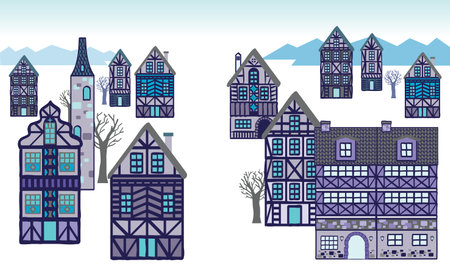 Cute medieval German style buildings. Vector, with winter feel background.のイラスト素材