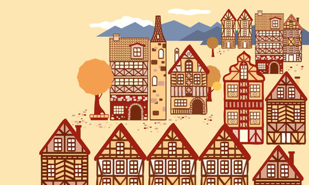Cute medieval German style buildings. Vector, with autumn feel background.のイラスト素材