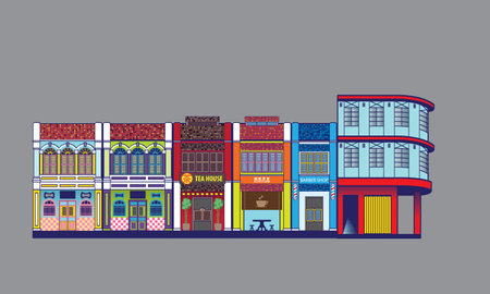 Colourful historical colonial style shop houses street. Vector, with plain colour background. Chinese words meaning (from left): tea, coffee shop.のイラスト素材