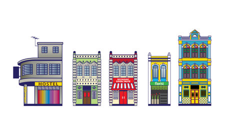 Isolated colourful historical colonial style shop houses. Vector, with plain colour background.のイラスト素材
