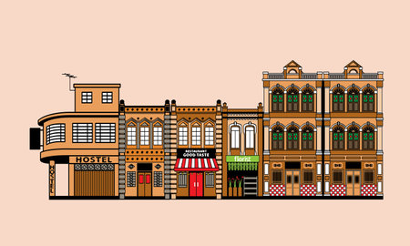 Historical colonial style shop houses street in nostlagia colour scheme.  Vector, with plain colour background.のイラスト素材