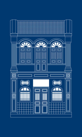 Monotone historical colonial style double story shop house. Vector with blueprint drawing effect. Isolated.のイラスト素材