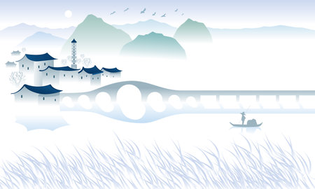 A peaceful and calm China style rural scene. A foggy water town beside a lake. Vector.のイラスト素材