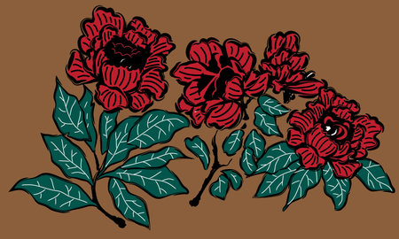 Peony's vector in wood carving style. Vector in full color mode.のイラスト素材