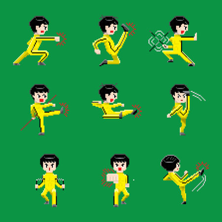 A character performing various kinds of Kungfu, or Chinese martial arts. Vector created with pixel art style.のイラスト素材