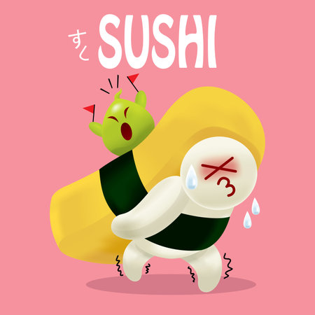 Vector of a cute sushi character. The green character is a wasabi. The Japanese word means sushi.のイラスト素材
