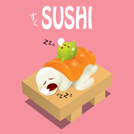 Vector of a cute sushi character. The green character is a wasabi. The Japanese word means sushi.のイラスト素材