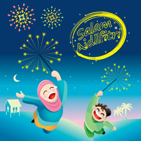 A boy and a girl are playing with fireworks during Raya festival celebration. With village scenery. The words "Salam Aidilfitri" means happy Hari Raya.のイラスト素材