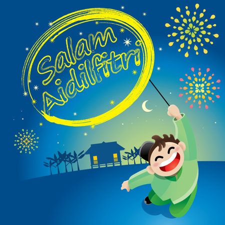 A boy and a girl are playing with fireworks during Raya festival celebration. With village scenery. The words "Salam Aidilfitri" means happy Hari Raya.のイラスト素材