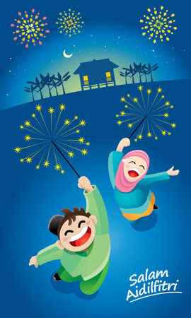 A boy and a girl are playing with fireworks during Raya festival celebration. With village scenery. The words "Salam Aidilfitri" means happy Hari Raya.のイラスト素材