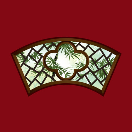 Bamboos, view from an elegant traditional Chinese style window. Vector. With various kinds of window frames and shapes.のイラスト素材