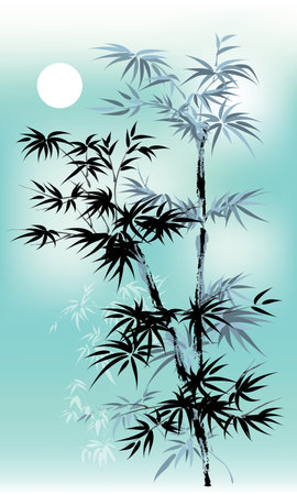 Bamboos presented with Chinese ink painting style. Vector, with full color background.のイラスト素材