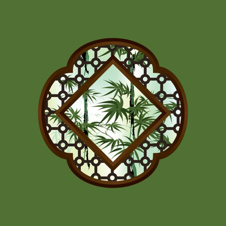 Bamboos, view from an elegant traditional Chinese style window. Vector. With various kinds of window frames and shapes.のイラスト素材