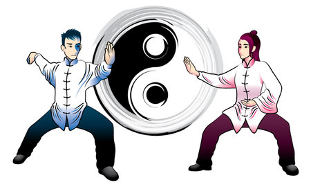 A man and a woman are performing Tai Chi. Vector. With Tai Chi icon as background.のイラスト素材