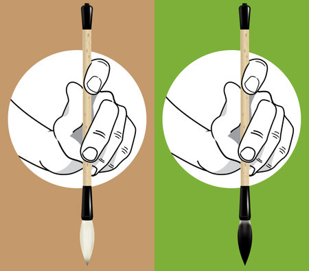Hands holding a Chinese calligraphy brushes, with and without ink. Vector, with plain color background.のイラスト素材
