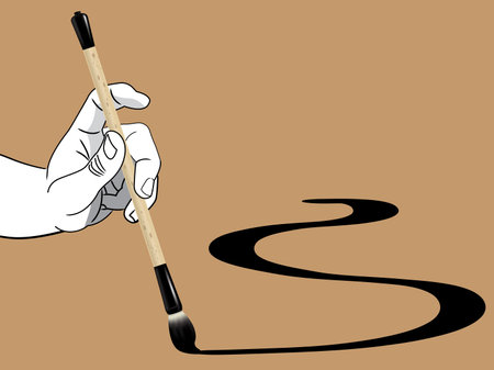 A hand holding a Chinese calligraphy brush. Vector, with plain color background.のイラスト素材