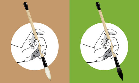 Hands holding a Chinese calligraphy brushes, with and without ink. Vector, with plain color background.のイラスト素材