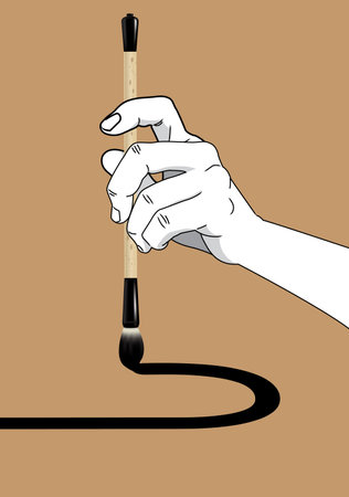 A hand holding a Chinese calligraphy brush. Vector, with plain color background.のイラスト素材