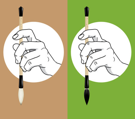 Hands holding a Chinese calligraphy brushes, with and without ink. Vector, with plain color background.のイラスト素材