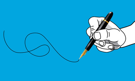 A hand holding a black and gold color fountain pen. Vector, with plain color background.のイラスト素材