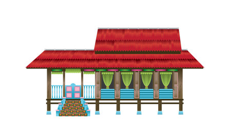 Vector of a traditional Malay house in Malaysia, also known as rumah kampung. With various types and colors options.のイラスト素材