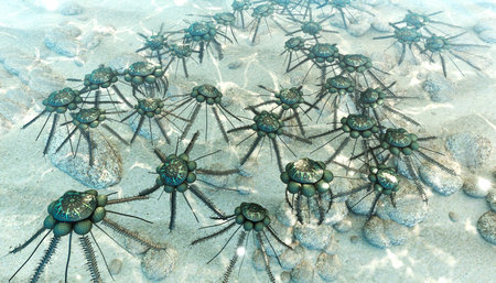 A 3-D computer illustration of colonies of the tiny extinct marine animals known as Diplograptus...