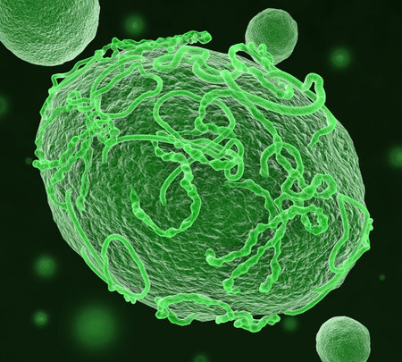 An illustration depicting the deadly ebola virus surrounding and attacking a healthy cell.
