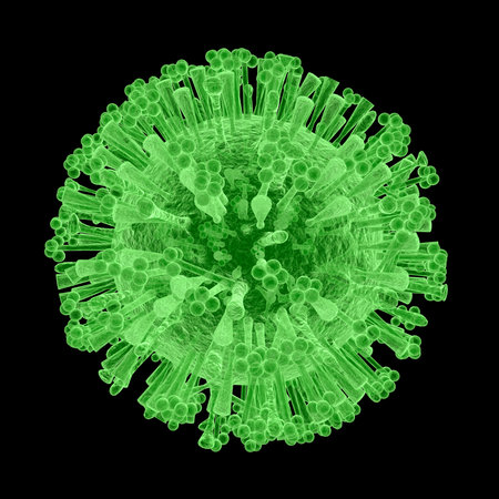 An illustration of the isolated H1N1 Virus, commonly referred to as "Swine Flu", up close on a dark background.の写真素材