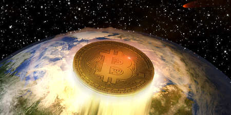 A 3D illustration of a Bitcoin blasting off from the Earth. The image is related to the explosive growth and value of the cryptocurrency over a very short period of time.の写真素材