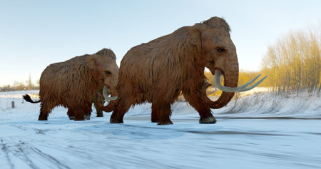 A 3D illustration of a herd of Woolly Mammoths walking across a snowy field during the Ice Age.