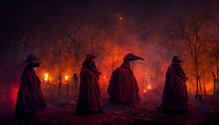 An abstract 3D illustration of robed plague doctors in a fire lit forest at night