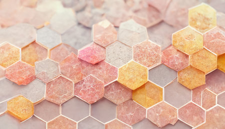 Background texture of hexagon shapes in soft pink, yellow, orange and gray colors with bright wispy lighting.の写真素材