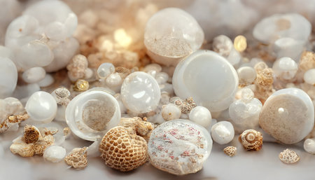 A background texture made up of white shells, pearls and stones on a light backdrop.の写真素材